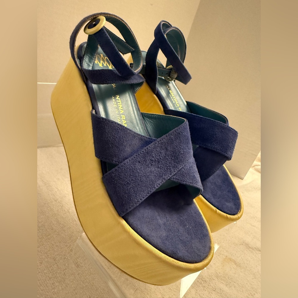 Valentina Rangoni Platform Sandals Italian Designer Cobalt Blue & Gold Size 7 - Picture 7 of 10